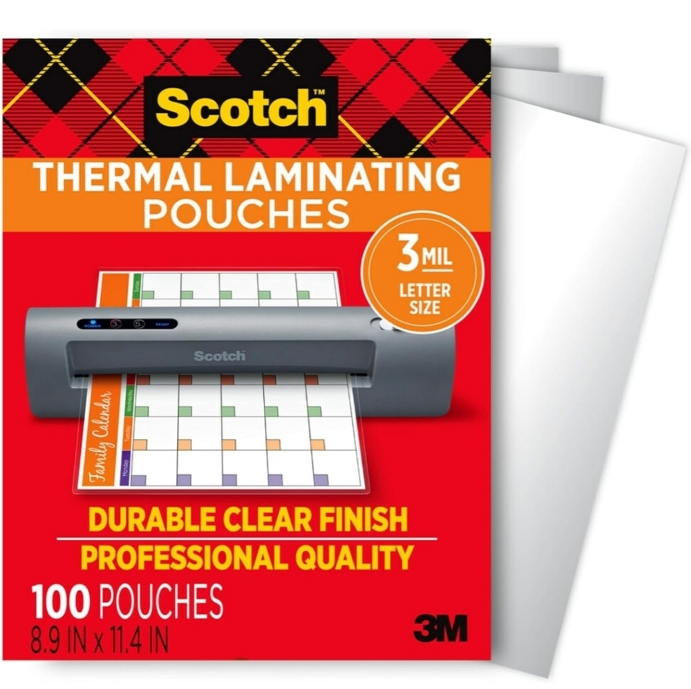 Scotch Thermal Laminating Pouches, For Use With Thermal Laminator 8.9 x 11.4 100